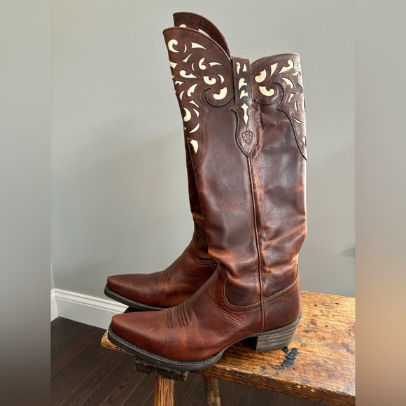 EUC ARIAT HACIENDA Equestrian Western Leather Brown Underlay Cowgirl Boots, 9 - Picture 8 of 16